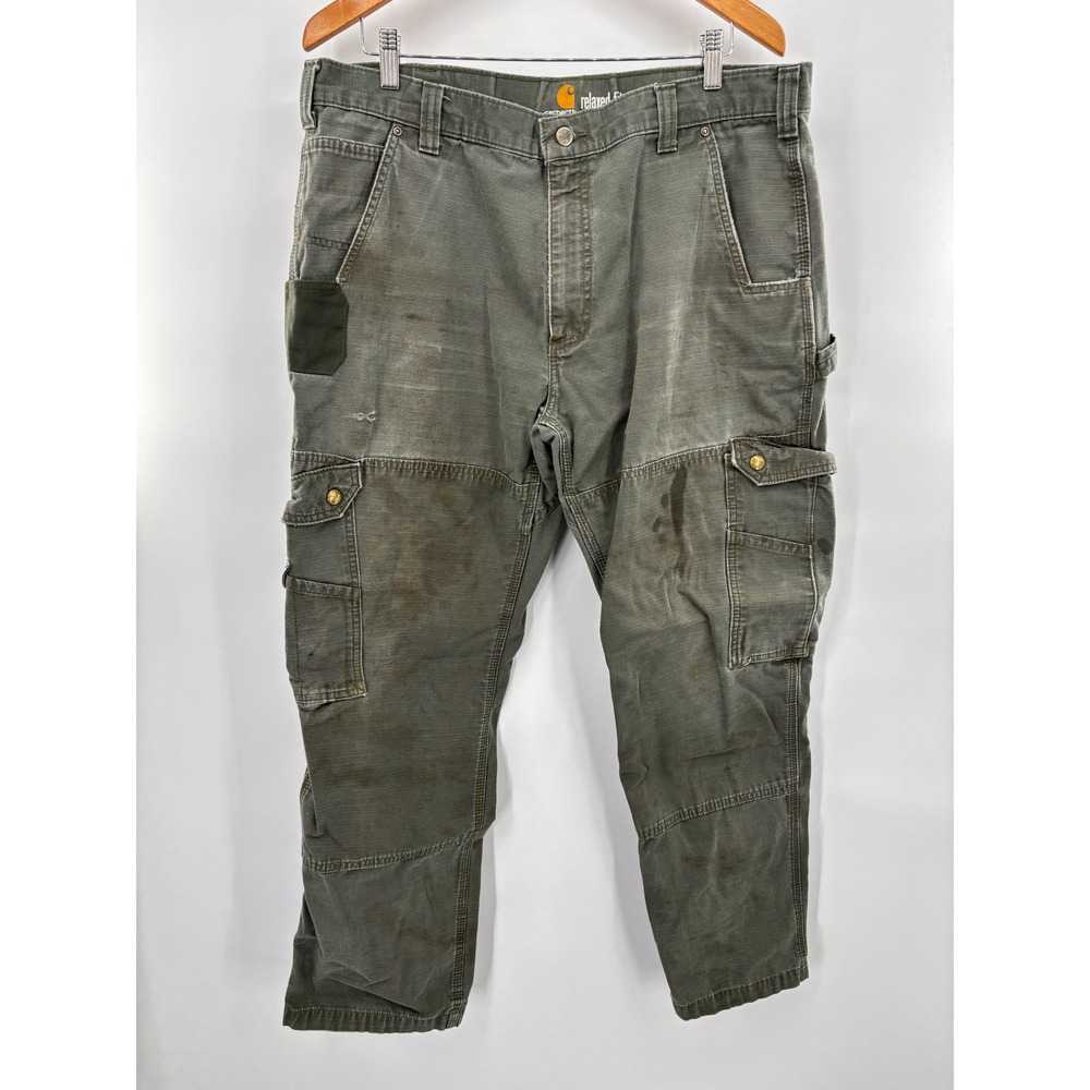 Carhartt Mens 38x32 Ripstop Cargo Work Pants Moss Green Light‎ Faded Distressed